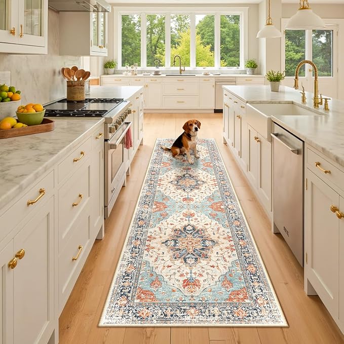 RELEANY Area Rugs Runner 2'x8' Washable Non-Slip, Floral Vintage Distress Medallion Carpet for Kitchen Hallway Bedroom Beside Laundry Room Bathroom, Beige Navy Blue Orange Colorful