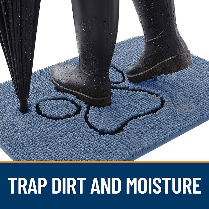 OLANLY Dog Door Mat for Muddy Paws 30x20, Paw Print Design, Absorbs Moisture and Dirt, Absorbent Non-Slip Washable Doormat, Quick Dry Chenille Mud Mat, Entry Indoor Entryway Carpet, Airy Blue
