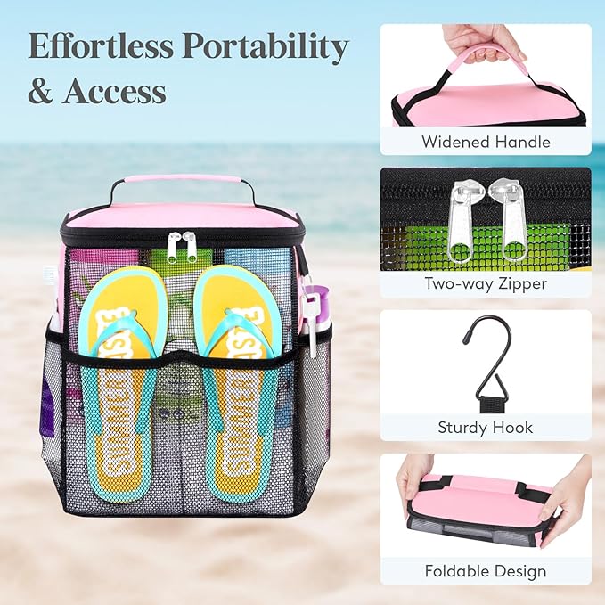 Lifewit Shower Caddy Portable, Toiletry Bag with Handle and 3 Mesh Pockets, Quick Dry Hanging Organizer for Bathroom, Gym, Travel, Camping, College Dorm Room Essentials for Women Men, Pink
