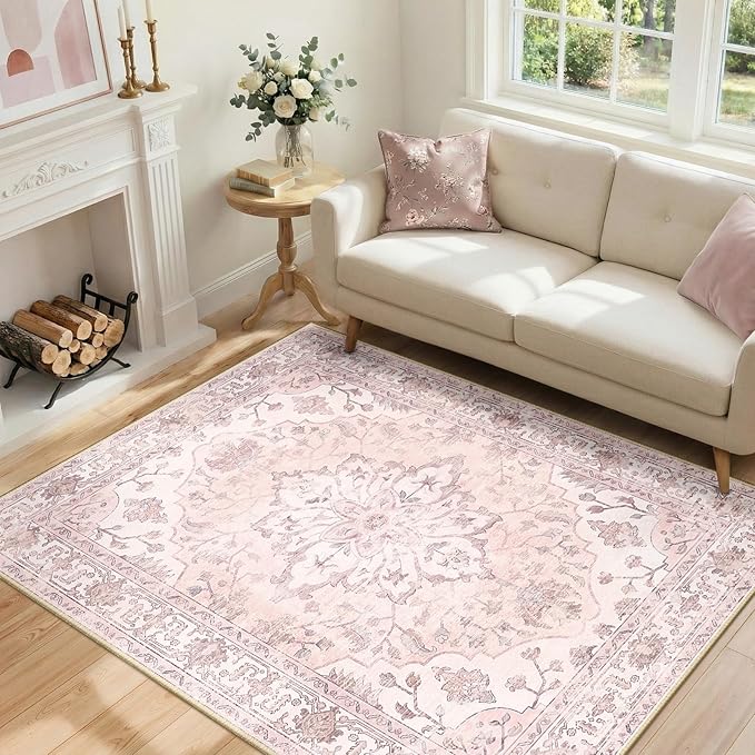RELEANY Area Rugs 4'x5' Washable Non-Slip, Floral Vintage Distress Medallion Carpet for Living Room Bedroom Dining Room, Pink Greypink Cute