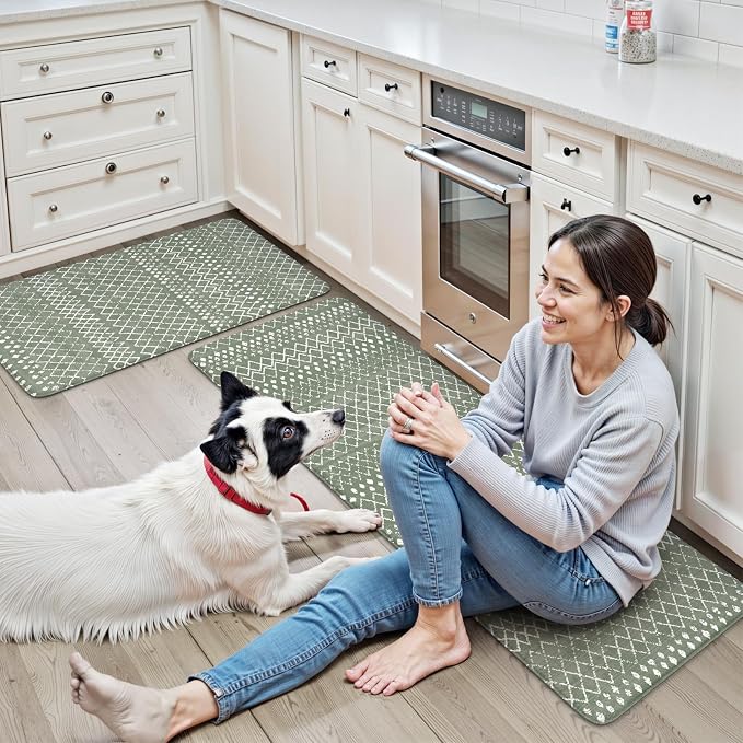 KIMODE Kitchen Mats for Floor Anti Fatigue Green Boho Kitchen Rugs Sets of 2 Cushioned Kitchen Floor Mats Comfort Standing Mat Geometric Laundry Room Rug for Bathroom Sink Office Desk 17"x47"+17"x29"