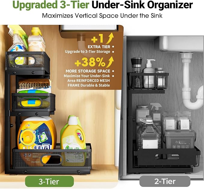 Under Sink Organizer 3 Tier, 2 Pack L-Shaped Pull-Out Cabinet Organizer with Sliding Metal Mesh Drawers, Height Adjustable Under Sink Storage Rack for Kitchen Bathroom Cabinet, Black