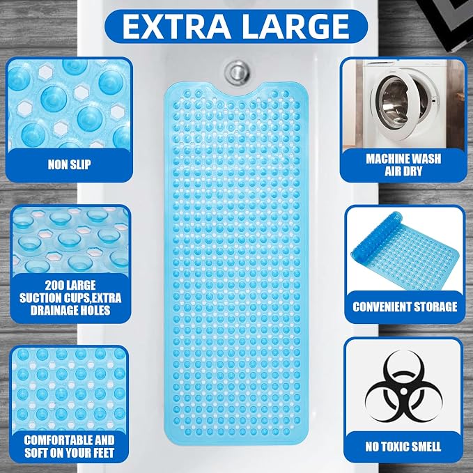 MOONFLY Shower and Bathtub Mat,40x16 Inches,Extra Long Non Slip Mats with Suction Cups and Drain Holes, Machine Washable and Anti Slip Bathmats, Bathroom Mats for Tub Nonslip (Clear Blue)