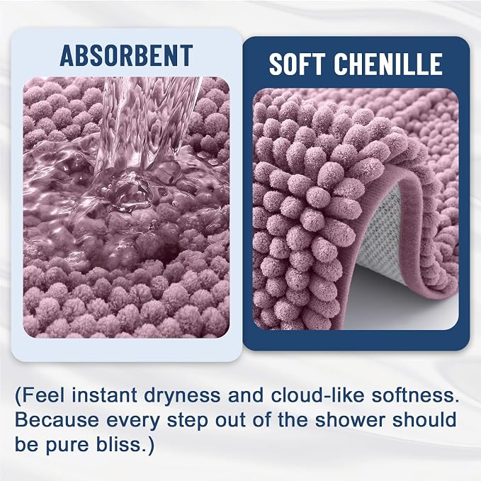 Grandaily Chenille Striped Bathroom Rugs 44x24, Extra Thick and Soft Absorbent Bath Mats, Rubber Backing, Plush Shaggy Shower Carpet, Machine Wash Dry, Bath Rug for Bathroom, Deep Plum