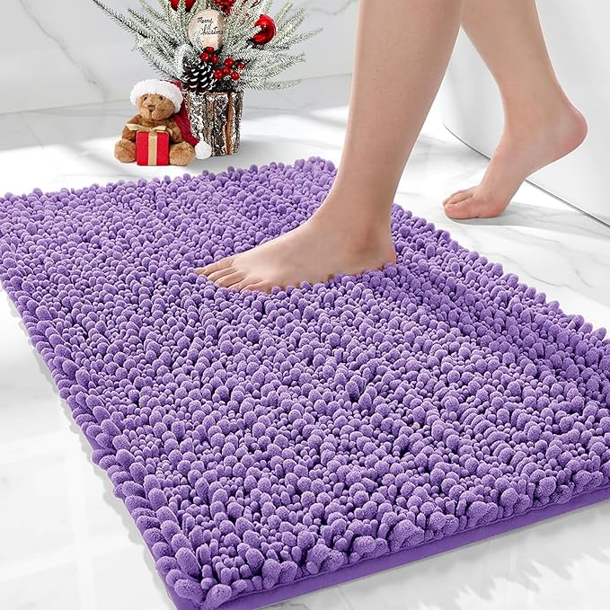 Bathroom Rugs Non Slip Washable 32x20, Extra Thick Soft Chenille Absorbent Bath Mat, High Density Barrier Non Slip Backing, Quick Dry Plush Shaggy Floor Carpet for Tub&Shower, Purple