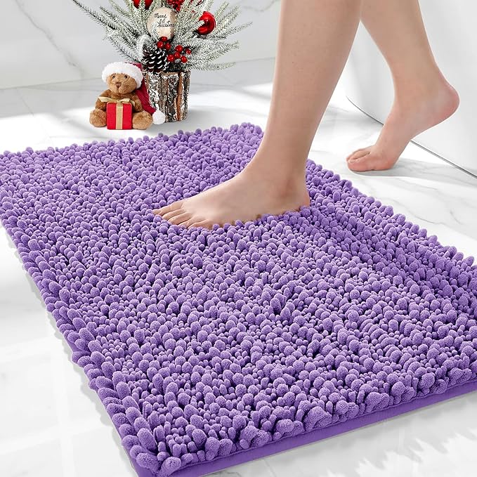 Bathroom Rugs Non Slip Washable 36x24, Extra Thick Soft Chenille Absorbent Bath Mat, High Density Barrier Non Slip Backing, Quick Dry Plush Shaggy Floor Carpet for Tub&Shower, Purple