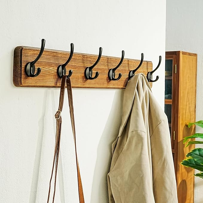 Dseap Coat Rack Wall: 24" Long, Patented, Heavy-Duty, 6-Double-Hooks Wooden Wall Mounted Coat Rack Coat Hanger Hook Rail for Winter Coats Hat Jacket Clothing, Natural & Black
