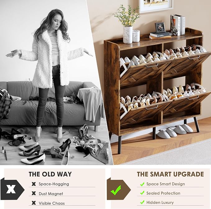 Nicetree Shoe Cabinet Storage for Entryway, Freestanding Shoe Storage Cabinet, Farmhouse Narrow Shoe Rack Cabinet for Entryway, Foyer, Hallway, Shoe Cabinet 4 Flip Drawers, Rustic Brown