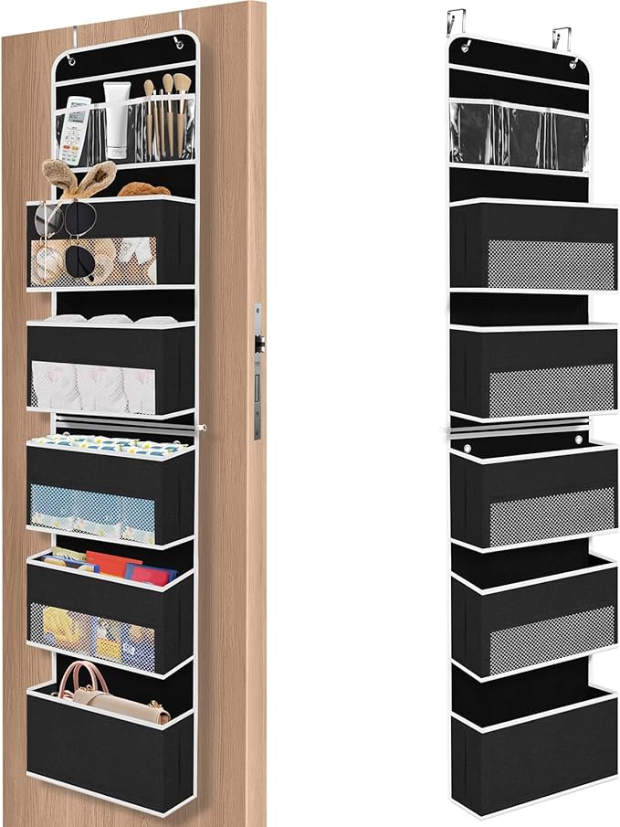 SpaceHacks 6-Tier Over The Door Organizer Hanging Storage Organizers with Clear Window 40lb Large Capacity Room Organizer for Pantry Bathroom Nursery Closet(Black)