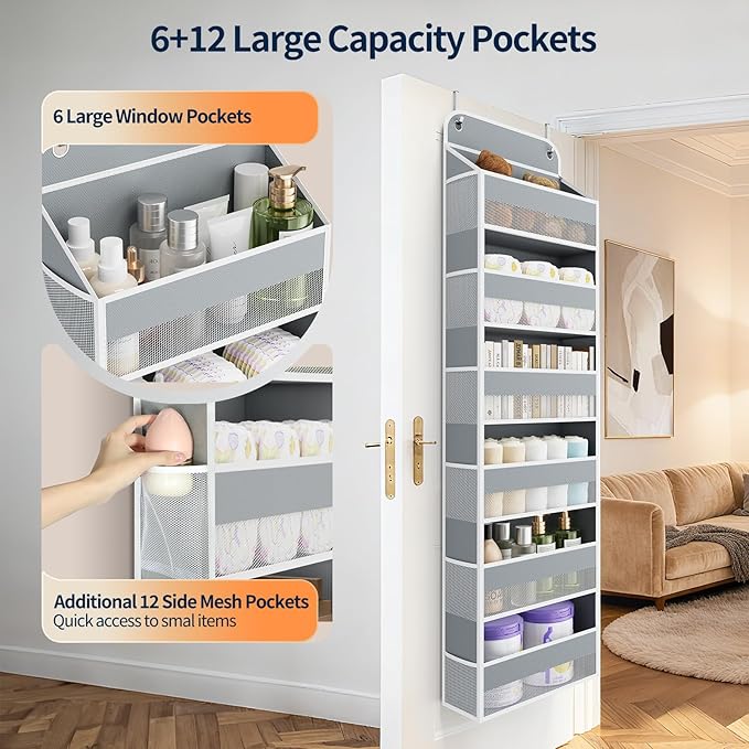Yecaye Over Door Organizer, 60 lbs Load Capacity, Metal Hanging Storage with 6 Shelves for Toys, Bathroom, Nursery, Dorm Room, Grey,1Pc