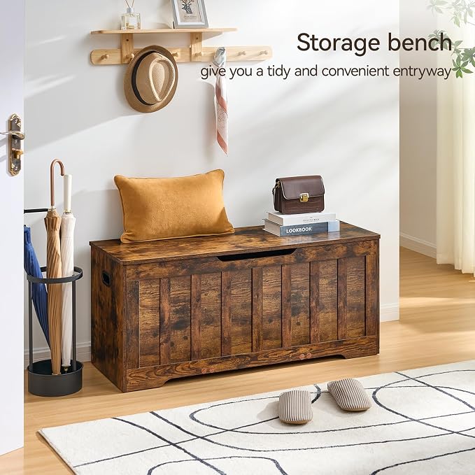 VANKILEY 43.3"Storage chest extra large,storage trunk with 2 safety Hinges,Wooden storage Bench,Shoe Bench,43.3x15.7x19.1 Inch,Easy Assembly,storage bench for bedroom,living room,entryway,Rustic Brown