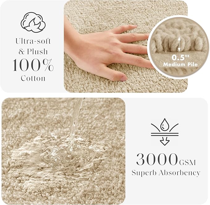 Madison Park Splendor Reversible 100% Cotton Tufted Bathroom Rug-3000 GSM Hotel Quality Luxurious Plush Medium Pile Bath Mat Absorbent, Quick Dry, Shower Room Décor, 17x24 Natural