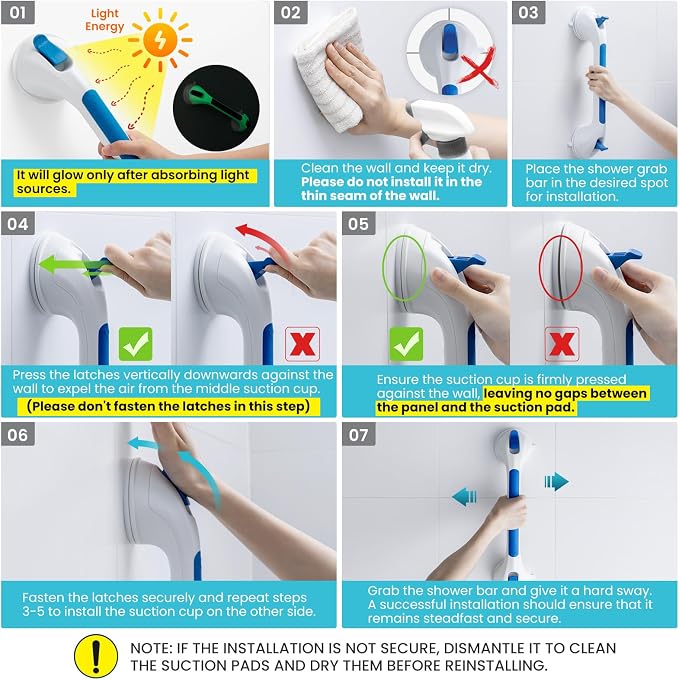 TAILI Shower Grab Bar Glow in The Dark, 16.8 in Grab Bars for Bathtubs, Shower Handles Bath Rails for Seniors and Elderly, Bathroom Safety Grip Removable No Drilling Waterproof Blue (Pack of 2)