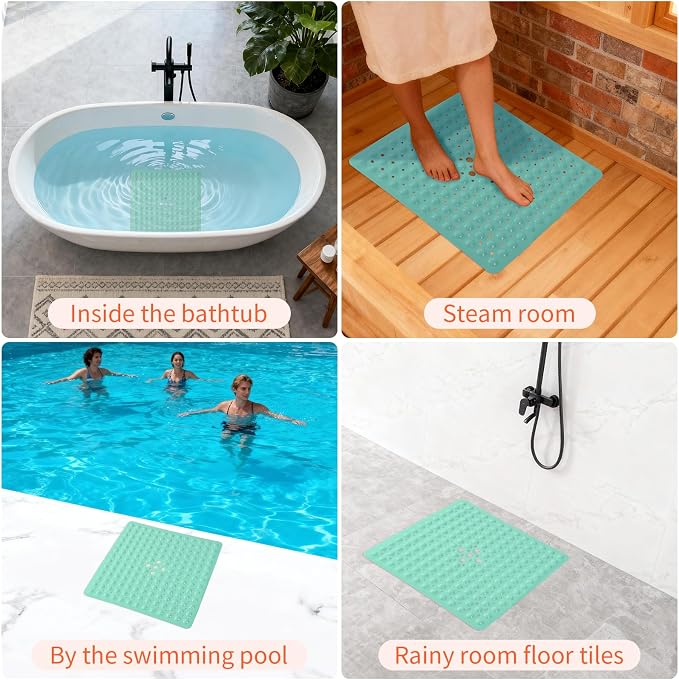 Anti-Slip Bathtub Shower mat, 21×21（ 53×53cm） inch Soft Oversized Machine Washable Non-Slip Bathtub mat with Drainage Holes, Bathroom Floor Suction Cup.（1-Turquoise Green）