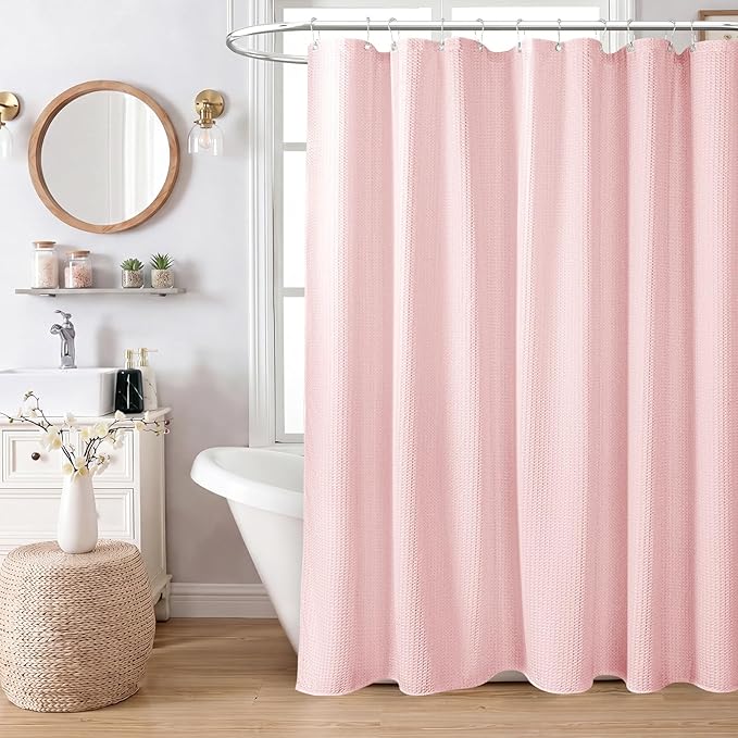 Dynamene Pink Fabric Shower Curtain - Waffle Weave Textured Heavy Duty Cloth Shower Curtains for Bathroom, 256GSM Hotel Luxury Weighted Bath Curtain Set with 12 Hooks,72x72, Pink