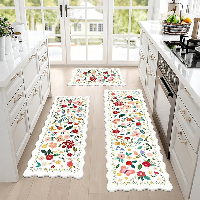 Kitchen Rugs Set of 3, White Vintage Floral Scalloped Anti Fatigue Mats, Cushioned Non Slip PVC Floor Rugs, Comfort Standing Kitchen Floor Mats for Sink Laundry Office Home, 18x30, 18x48, 18x60 Inch