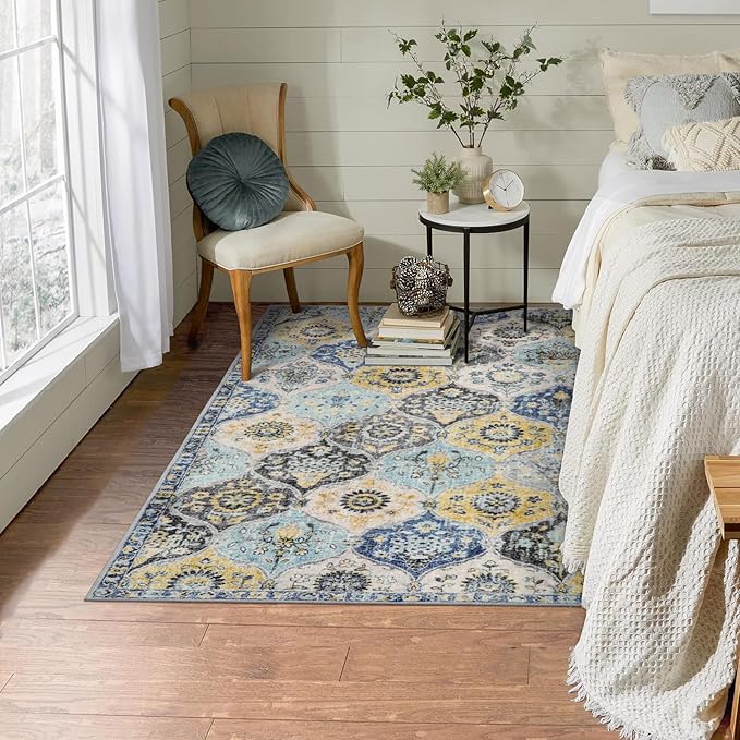 Lahome Moroccan Trellis Washable Small Area Rug, 3x5 Area Rug for Bedroom Living Room, Non-Slip Oriental Throw Carpet for Kitchen Office Entryway Bathroom Office Elise, Yellow/Aqua