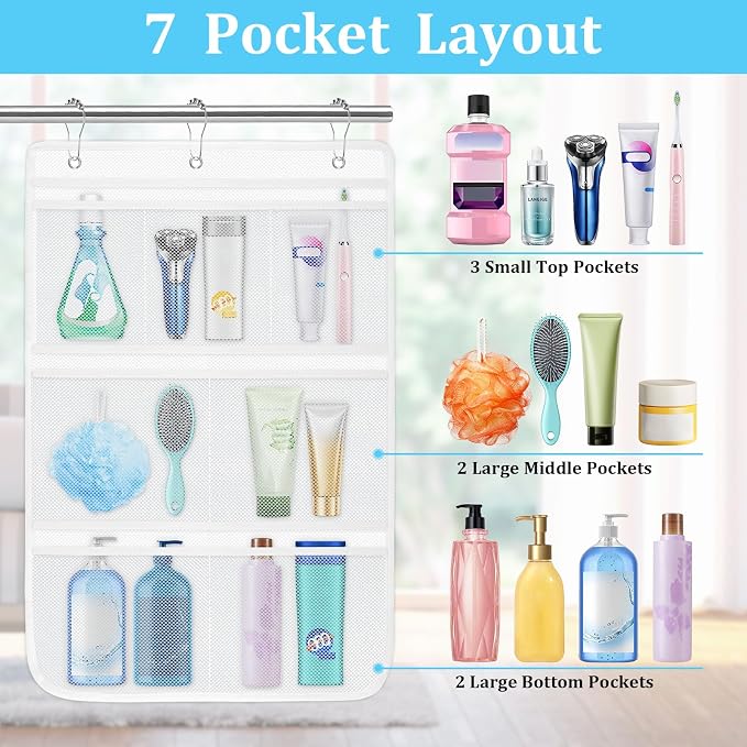 2 Pack Mesh Shower Caddy Hanging Organizer with 7 Pockets, Quick Dry Bathroom Storage Bag, Cruise Cabin and Dorm Essentials for Travel, Toiletry Organizer for Shampoo Soap
