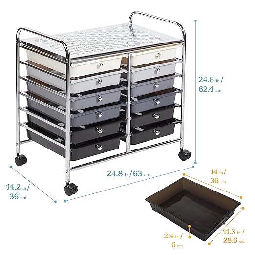 ECR4Kids 12-Drawer Value Mobile Storage Utility Cart, Craft Organizer, Grey Ombre