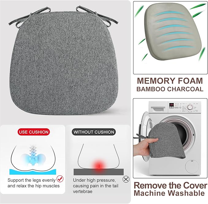 SINOSSO 6 Pack Memory Foam Chair Cushions for Dining Chairs, Friendly Woven Fabric 16" U-Shape Comfortable Kitchen Chair Pads, Removable Slip Resistant Seat Cushions (Set of 6, Dark Grey)