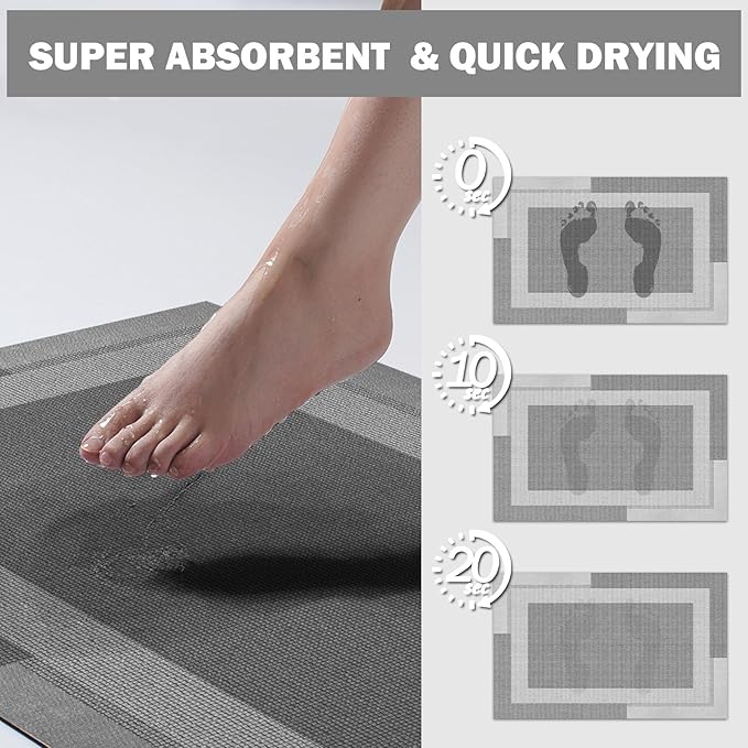 YDKGL Non Slip Bath Mat, Rubber Backing Ultra Thin Bathroom Rugs Fit Under Door Quick Dry Super Absorbent Washable Bath Rug Shower Mat for Bathroom Floor Bathtub Shower Sink, Easy Care Gray 24"x 35"