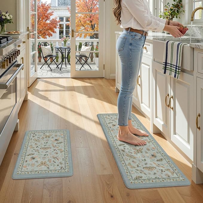 LEEVAN Anti Fatigue Mats for Kitchen Floor Non-Slip, Cushioned Kitchen Mats for Floor 2 Piece, Blue Memory Foam Kitchen Mat Set, Waterproof Ergonomic Standing Mat for Bar, Office,Desk, Laundry