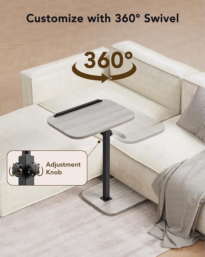 HUANUO TV Tray Table，Adjustable Height TV Tray with 360° Swivel & 90° Tilt, Sturdy Side Table with Anti-Slip Bar for Laptop, Eating, Space-Saving Side Table for Couch, Bedside, Living Room