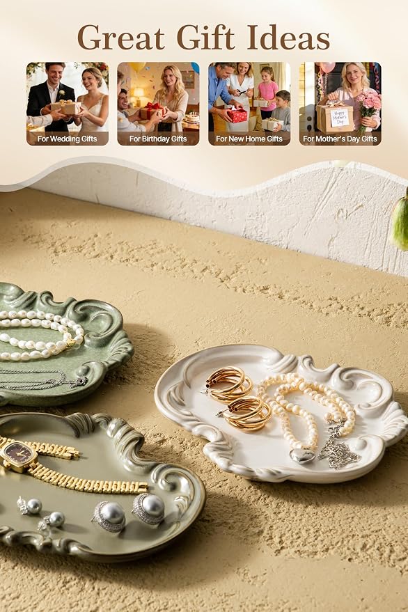 LYEOBOH Jewelry Tray, Ceramic Trinket Dish, Jewelry Dish for Rings Earrings Decorative Trinket Tray, Key Bowl, Retro, Vintage, Friendship Gifts for Mom Sister Birthday Christmas Housewarming, Beige