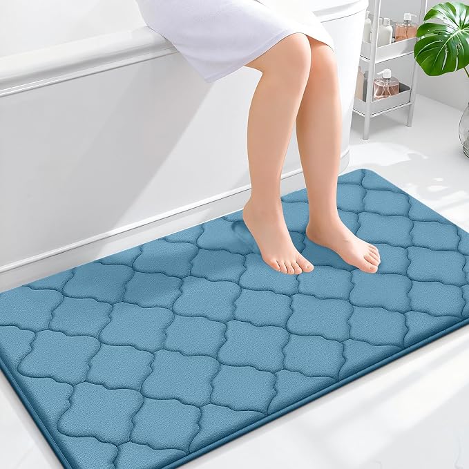 OLANLY Memory Foam Bath Mat Rug 44x24, Ultra Soft and Absorbent Bathroom Rugs, Non-Slip, Comfortable, Machine Washable Bath Carpet for Bathroom Floor, Tub, Shower and Home Decor Accessories, Blue