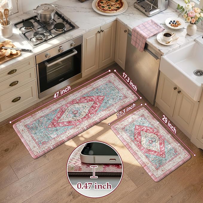KIMDOE Kitchen Rugs and Mats 2 PCS Cushioned Anti Fatigue Kitchen Floor Mat Non-Skid Waterproof Kitchen Runner Rug Rose Red Laundry Room Rug Boho Desk Mat for Home Kitchen Decor, Floors, Office