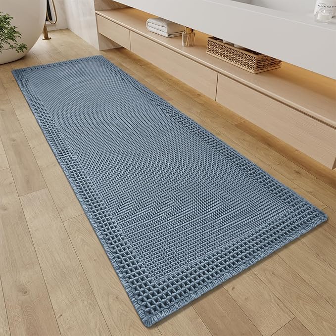 RESARE Waffle Bathroom Runner Rugs, Super Absorbent Bath Mat Non Slip Washable Quick Dry, Upgraded Ultra Soft Boho Bath Rugs with Tassels, Farmhouse Home Decor Accessories, 2'x5'(24"x60") Blue