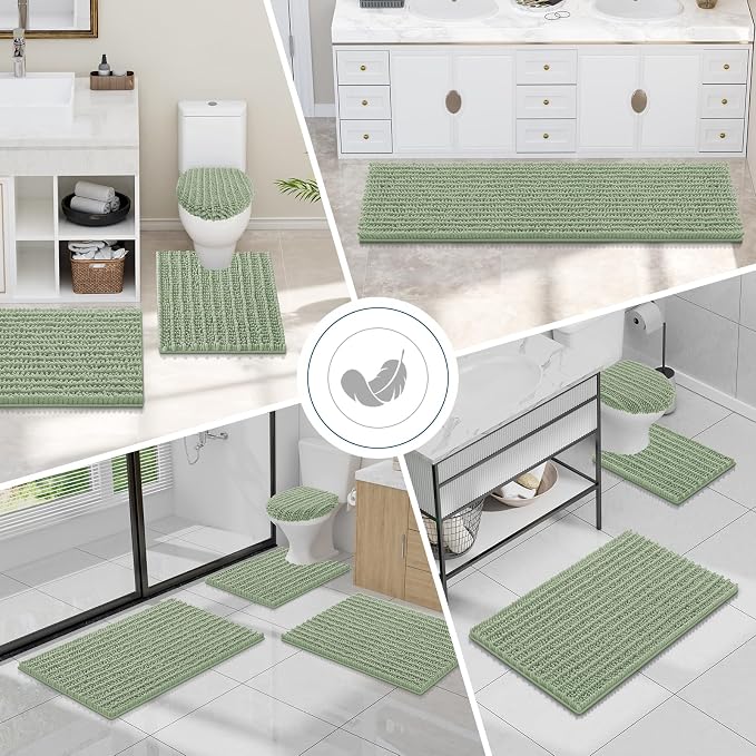 Smiry Bathroom Toilet Rugs U Shaped 24x24, Extra Soft Absorbent Non Slip Rubber Backing Chenille Contour Bath Rugs for Toilet, Machine Washable Contoured Bath Mats, Sage Green