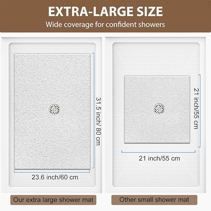 Large Non Slip Shower Mat: 32x24 inch Loofah Shower Mat for Inside Shower with Drain Hole in Middle, Soft PVC Anti-Slip Shower Stall Mats for Bathroom,Wet Area, Quick Drying