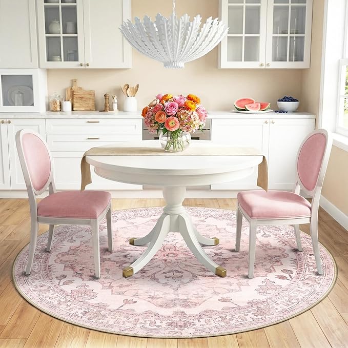 RELEANY Area Rugs Round 6ft Washable Non-Slip, Floral Vintage Distress Medallion Carpet for Living Room Bedroom Dining Room, Pink Greypink Cute