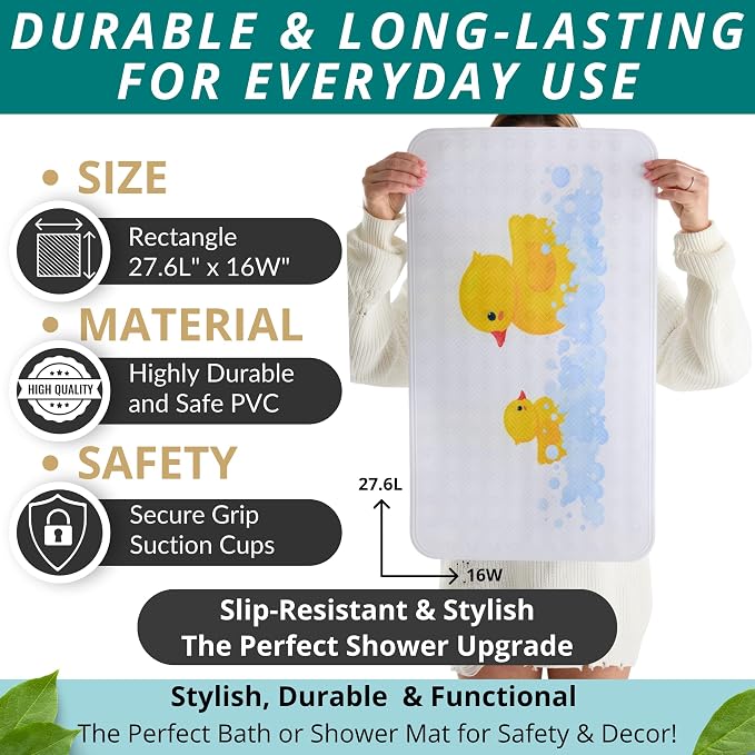 ENKOSI Non Slip Bath Mat for Tub and Shower Floors – Anti Slip Shower Mat with Strong Secure Suction Cup Grip – Rubber Duck Print for Kids and Toddlers for Inside Bathroom Bathtub (28x16 Duck)