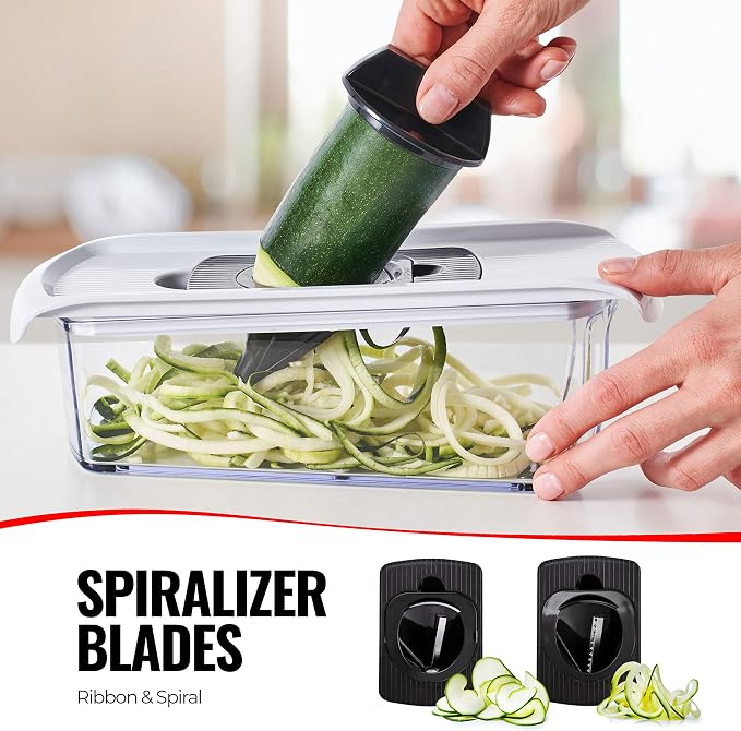 Fullstar Mandoline Slicer for Kitchen, Fruit Cutter, Cheese Grater, Cucumber Slicer, Veggie Spiralizer, Food Cutter & Kitchen Gadgets & Gifts with Safety Glove (11 in 1, White)