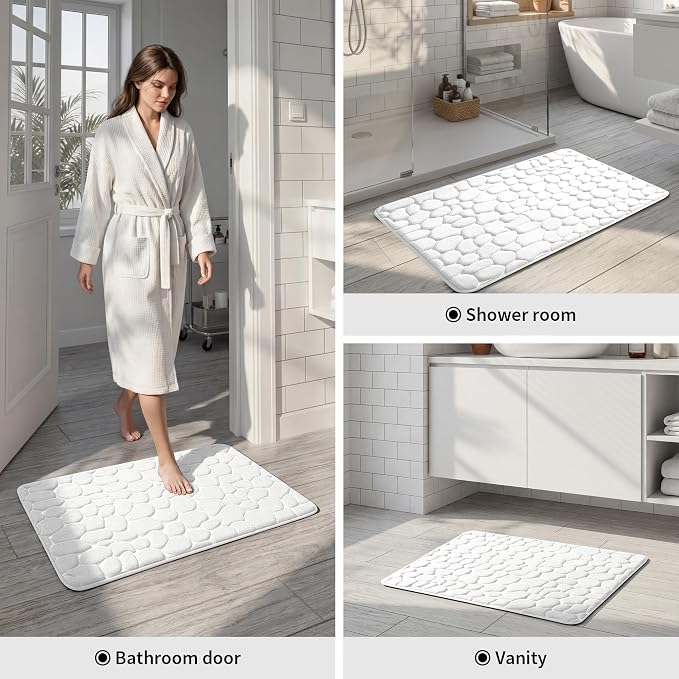 YIHOUSE Memory Foam Bath Mat Cobblestone Bathroom Rugs Super Water Absorbent Bath Mats for Bathroom Machine Washable Bath Rugs(17 x 24,White)