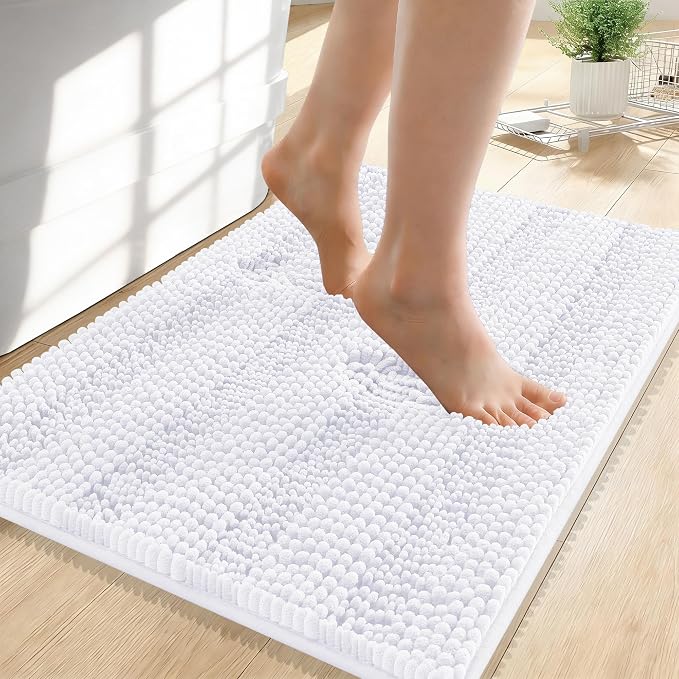 OLANLY Thick Small Bathroom Rugs 24x16, Extra Soft Absorbent Chenille Striped Bath Rugs, Rubber Backing, Machine Wash, Bath Mats for Bathroom Floor, Tub and Shower, Home Decor Accessories, White