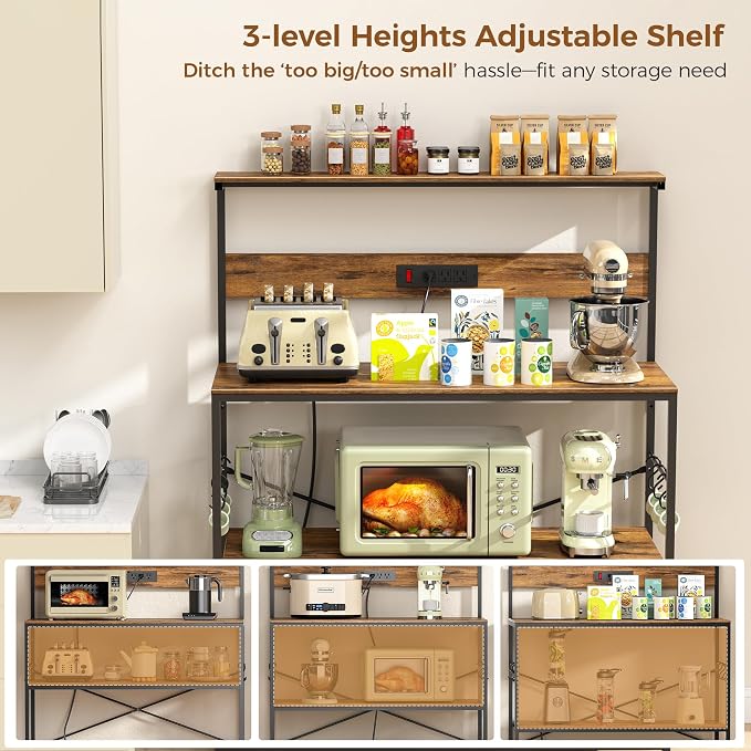 VUSIGN Kitchen Bakers Rack with Power Outlet, 4 Tiers Microwave Stand with Storage, 39.4 Inch Coffee Bar Station with 6 S Hooks, Adjustable Bakers Rack with Storage for Spices/Pans/Pots, Rustic Brown