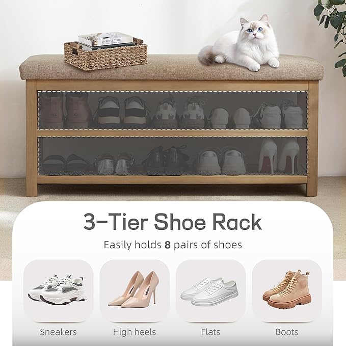 Zihanhome 2 Tier Shoe Rack Bench with Cushion, Solid Wood Shoe Benches, Mid-Century Modern Shoe Storage Bench for Entryway, Hallway, Living Room, Closet, Front Door Entrance, (Brown, 39.4")