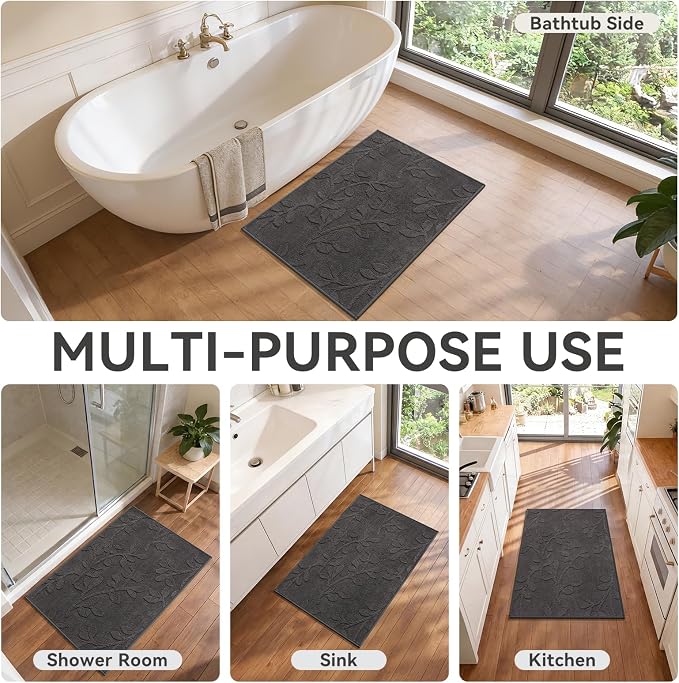 Bathroom Rugs Mat 16x24-2pc Quick Dry Absorbent Non Slip Bath Mat Bath Mats for Bathtub Mat Bathroom Carpet Fit Under Door Washable Floor Bath Rugs Grey