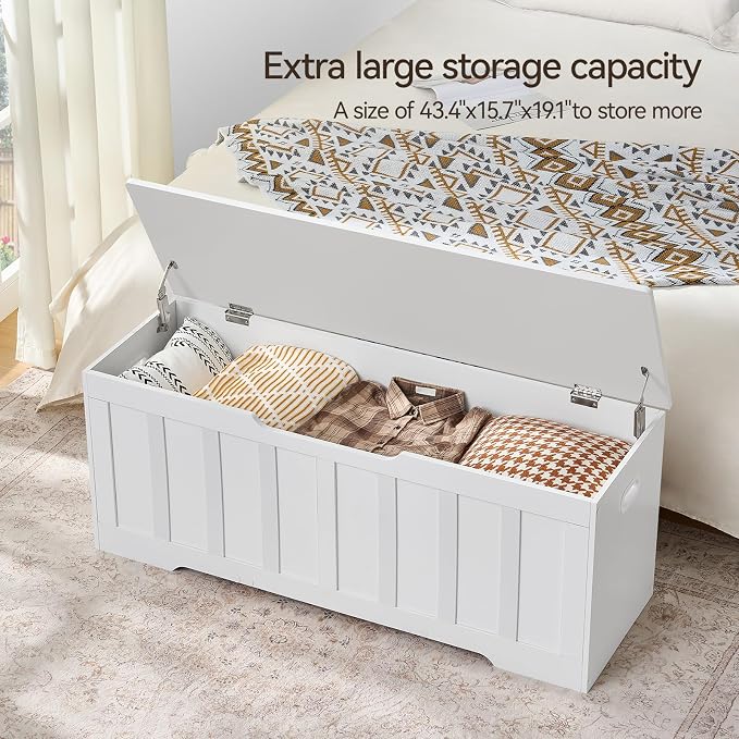 VANKILEY 47.2" Storage Chest Extra Large,Storage Trunk with 2 Safety Hinges,Wooden Storage Bench,Shoe Bench,47.2x15.7x19.1 Inch,Easy Assembly,Storage Bench for Bedroom,Living Room,entryway(White).