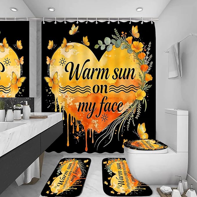 LQCOOL 4Pcs Black Orange Shower Curtain Set, Summer Bathroom Sets, Waterproof Bathroom Sets with Shower Curtain and Rugs, Shower Curtain with 12 Hooks