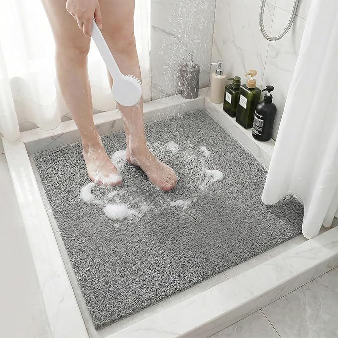 Square Shower Mat Non Slip, 24 x 24 Inch Soft PVC Loofah Shower Mats for Wet Area, Foot Scrubber Anti Slip Bathmat with Drain, Quick Drying Easy Cleaning Bath Mat for Tub, Bathroom