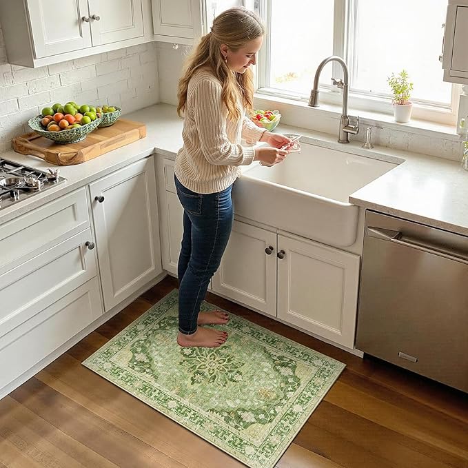 RELEANY Area Rugs Small 2'x3' Washable Non-Slip, Floral Vintage Distress Medallion Carpet for Kitchen Entryway Bathroom, Sage Green Yellow