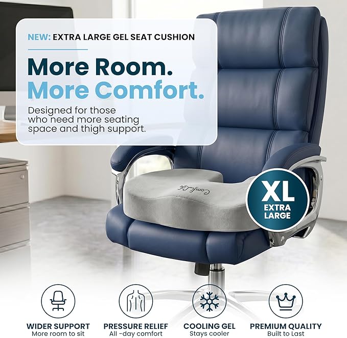 ComfiLife Extra Large Gel & Memory Foam Seat Cushion - Doctor Recommended Office Chair Cushion, Car Seat Cushion - Back & Sciatica Pain Relief - Wide Seat Cushion for Big & Tall (Gray)