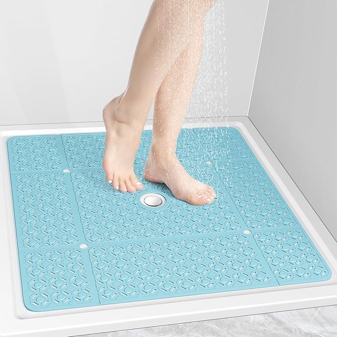 OTHWAY Square Shower Mat, 27"x 27" Extra Large Shower Mats for Inside Shower, TPE Anti Slip Shower mat with Suction Cups Drain Holes, Machine Washable Shower Floor Mat (Blue)