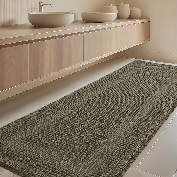 IM HOME Extra Large Waffle Bath Mat, Greyish Green 5'x2', Boho Bathroom Rugs Absorbent Non Slip, Ultra Soft Bathroom Mat, Machine Washable Knit Bath Rugs with Tassels for Bathroom, Kitchen, Tub