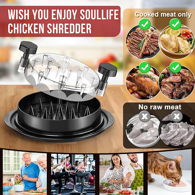 SoulLife Chicken Shredder 8 Inches, Chicken Shredder Tool Twist for Pork Beef Chicken, Meat Shredder, Clear Lid, Ergonomic Handle, Strong Anti-slip, BPA Free, Easy to Clean, Dishwasher Safe (Black)