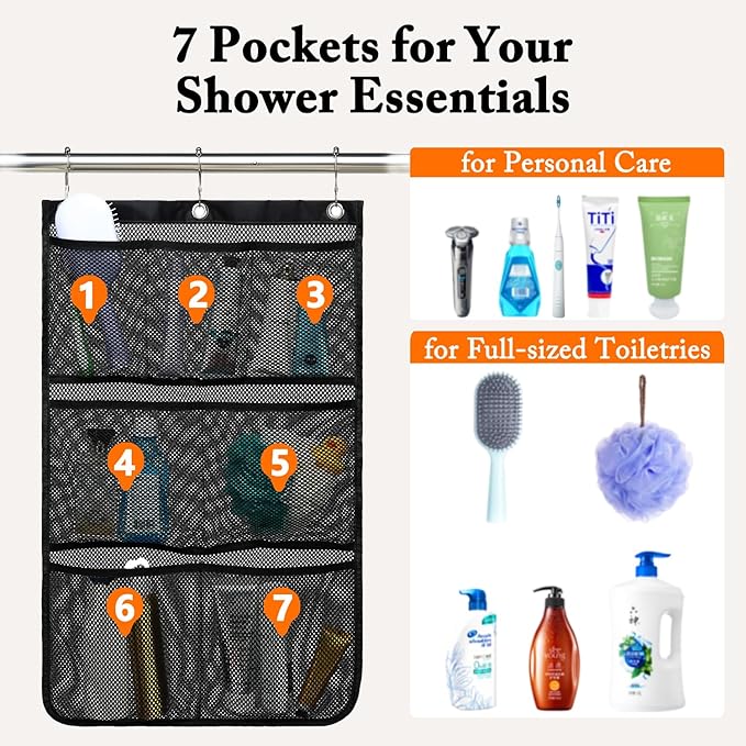 Fammart Mesh Shower Caddy Hanging, Quick-Drying Shower Organizer with 7 Pockets, Portable Bathroom Organizers and Storage for Shampoo, Soap, Loofah, Travel, and Cruise Essentials